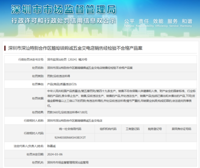 深圳市深汕特别合作区鹅埠镇锦诚五金交电店销售经检验不合格产品案